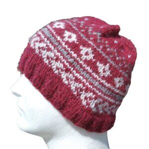 Men's Alpaca Fair Isle Wool Beanie Hat Hand Knit Red Winter Nordic Women's